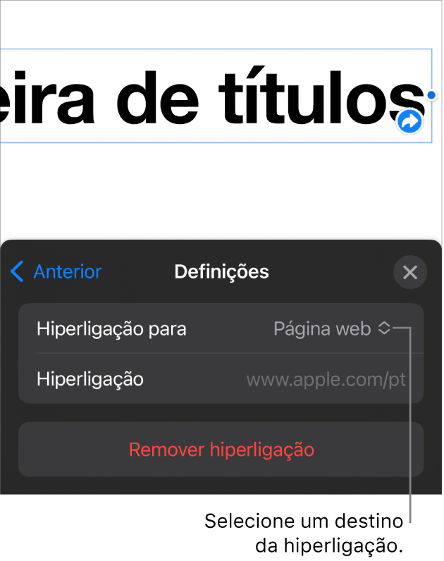 Os controlos de Definições com a página web selecionada e o botão Remover hiperligação na parte inferior.