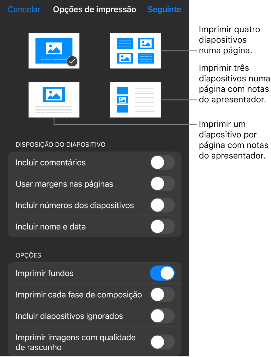 Opções de disposição de impressão.