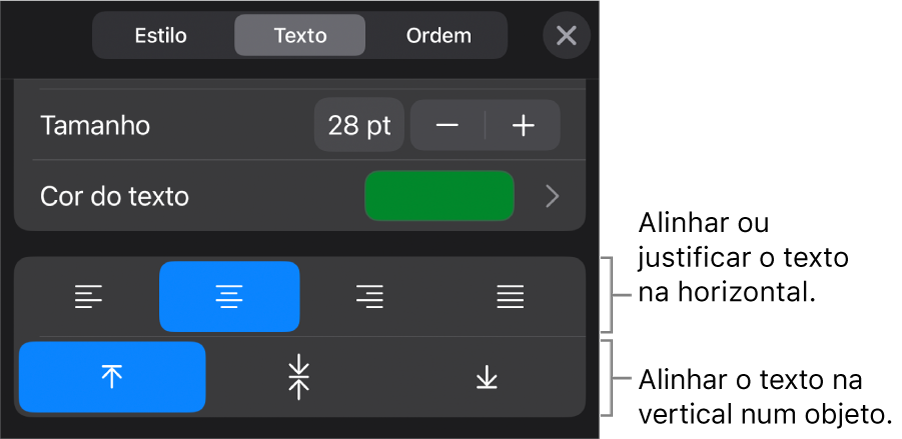 A secção Alinhamento do botão Formatação com chamadas para os botões de alinhamento de texto.