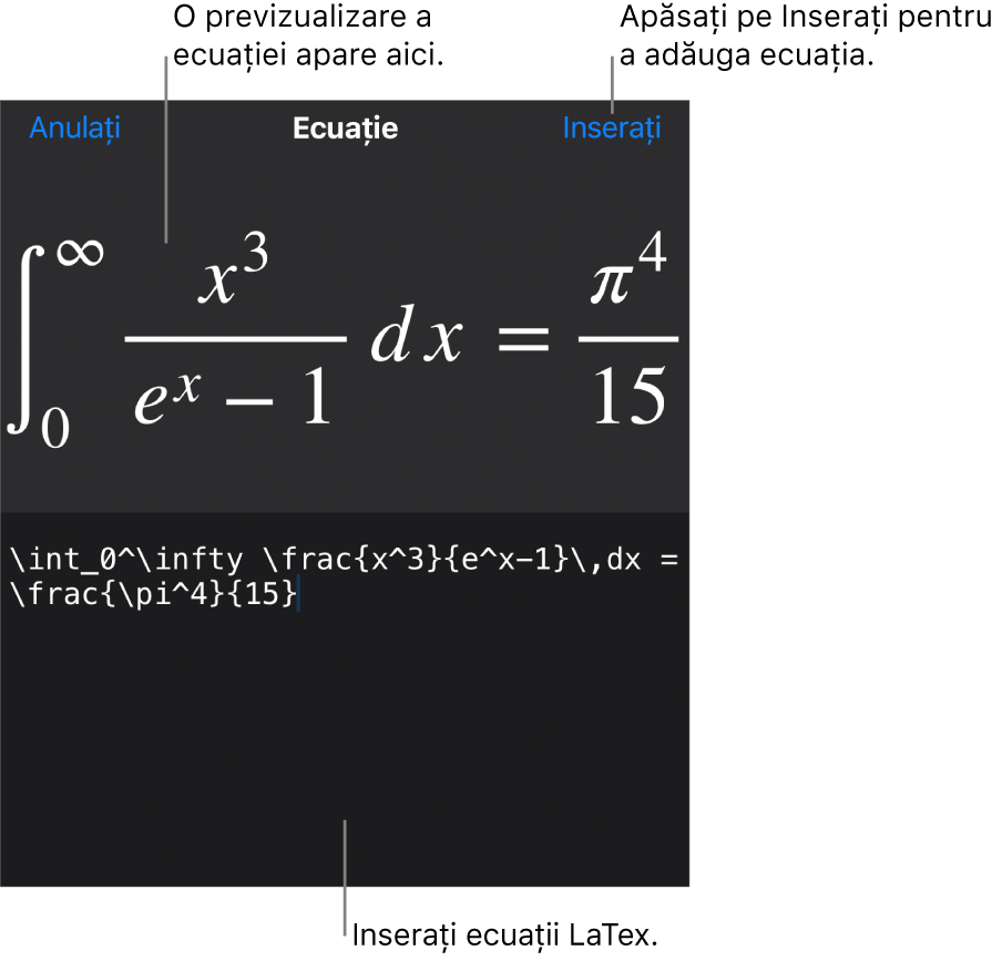 Caseta de dialog Ecuație, afișând o ecuație scrisă cu ajutorul comenzilor LaTex și, deasupra, o previzualizare a formulei.