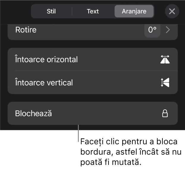 Comenzile Aranjare din meniul Format, cu butonul Blochează evidențiat.
