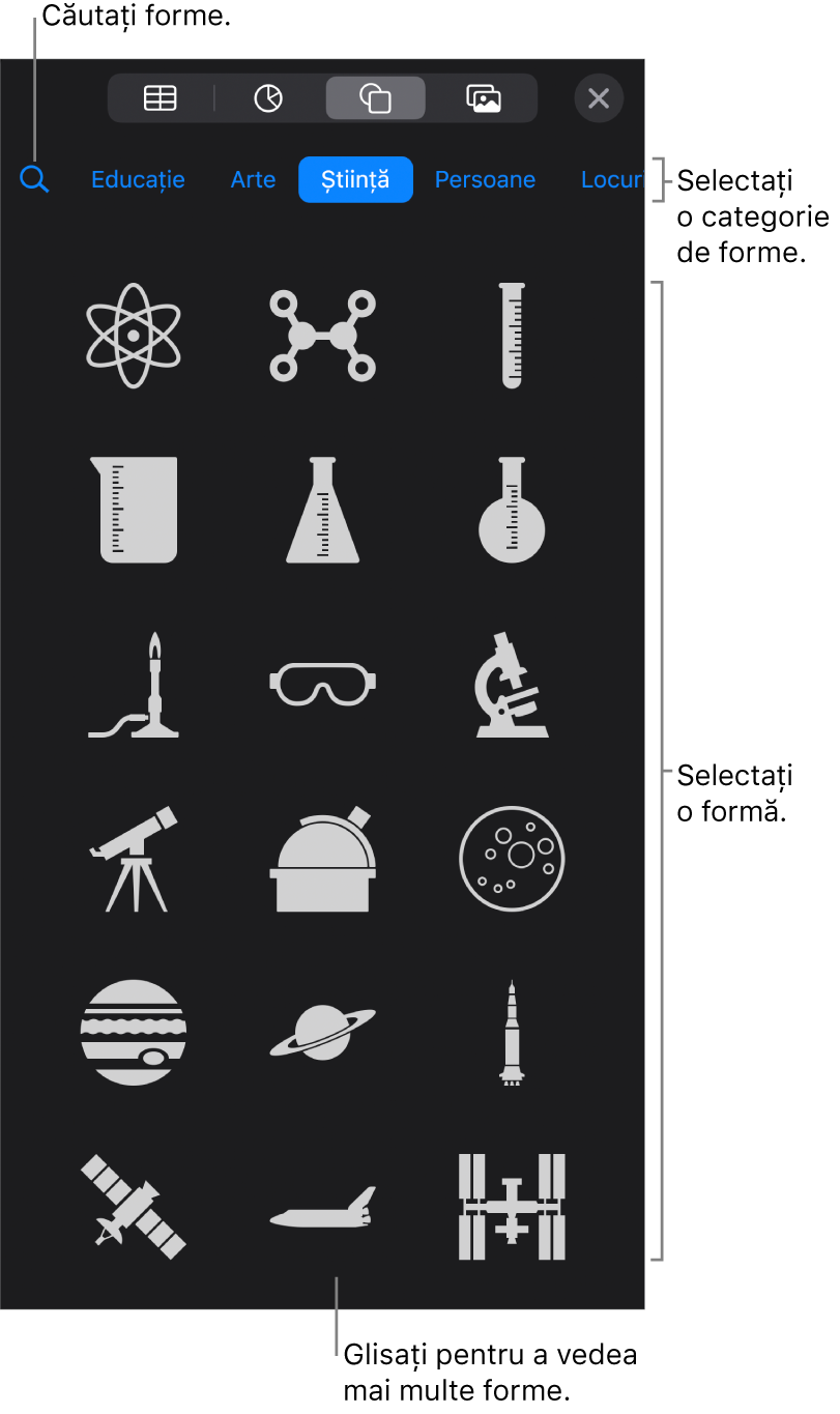 Biblioteca de forme, cu categoriile în partea de sus și formele afișate dedesubt. Puteți să utilizați câmpul de căutare din partea de sus pentru a găsi forme și să glisați pentru a vedea mai multe.