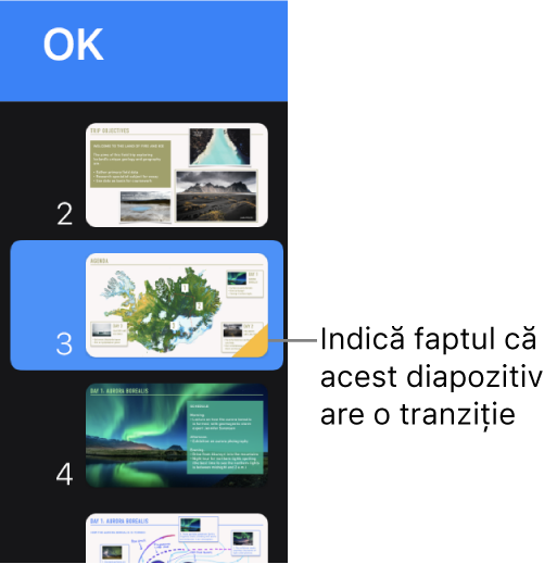Un triunghi galben aflat pe un diapozitiv indică faptul că acesta deține o tranziție.