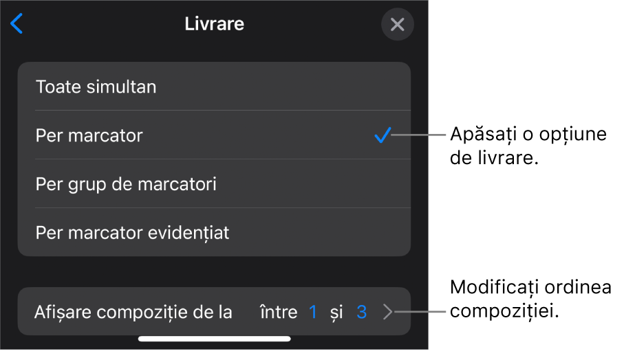 Opțiuni de livrare în panoul Intrare.