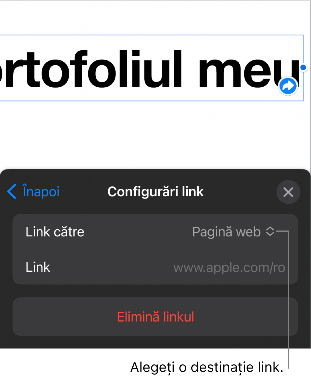 Comenzile Configurări link cu opțiunea Pagină web selectată și butonul Elimină linkul în partea de jos.