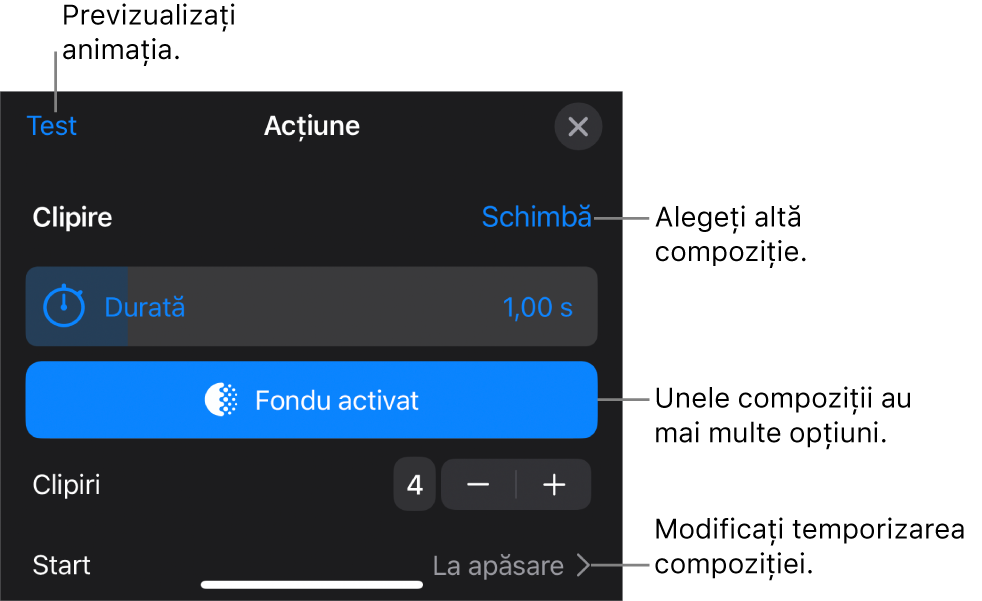 Opțiunile de compoziție includ Durata și Începere temporizare. Apăsați Schimbați pentru a alege o altă compoziție sau apăsați Preafișează pentru a previzualiza compoziția.