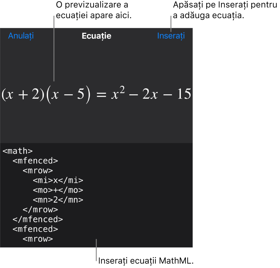 Caseta de dialog Ecuație, afișând o ecuație scrisă cu ajutorul comenzilor MathML și, deasupra, o previzualizare a formulei.