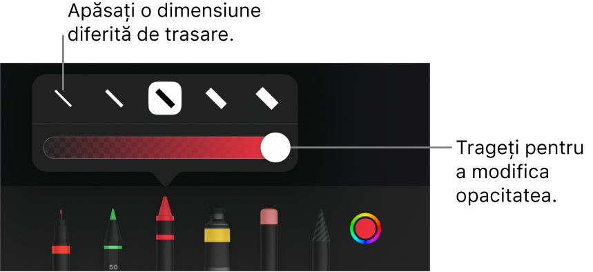 Comenzile pentru alegerea unei dimensiuni de trasare și un glisor pentru ajustarea opacității.