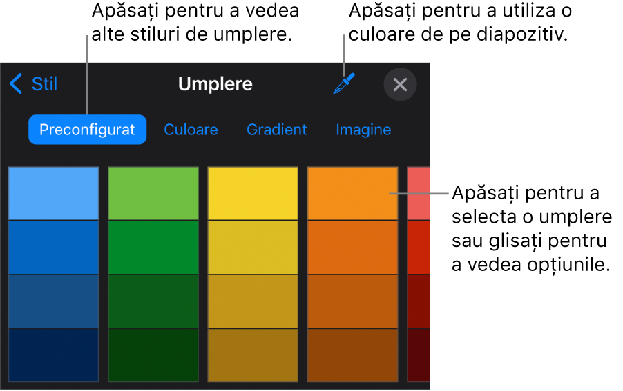 Opțiuni de umplere în fila Stil.
