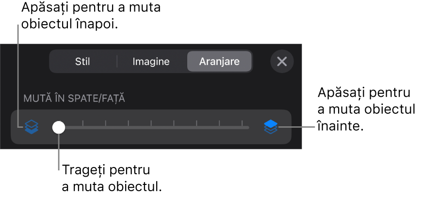 Butonul Deplasare înapoi, butonul Deplasare înainte și glisorul pentru straturi.