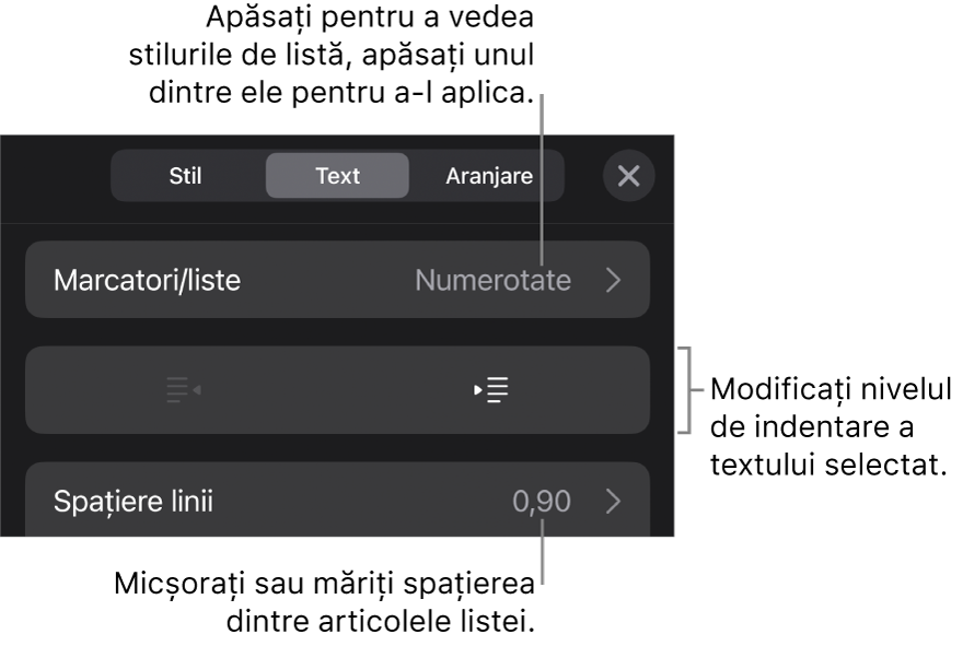 Secțiunea Marcatori/liste din comenzile Format cu explicații pentru Marcatori/liste, butoanele de indentare și indentare exterioară, precum și comenzile pentru spațierea liniilor.