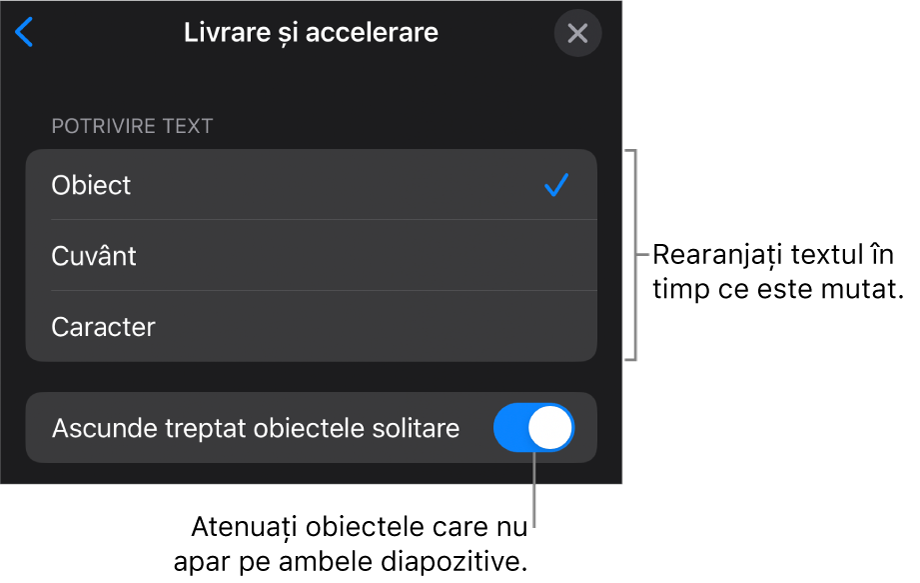 Opțiunile de livrare și accelerare Mutare magică din panoul Accelerare.