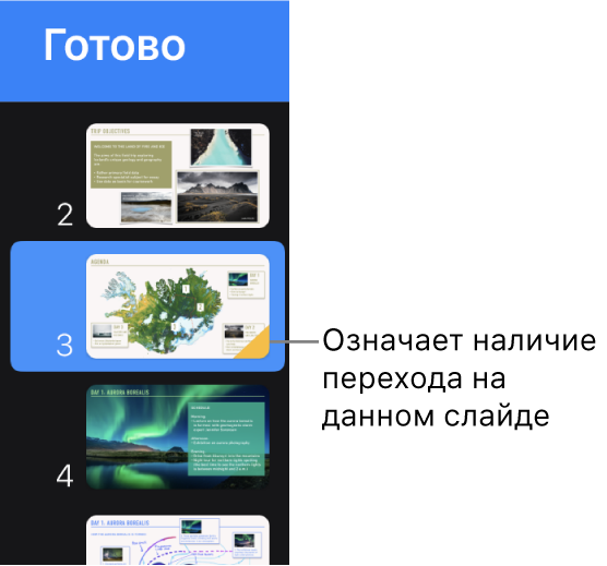 Желтый треугольник на слайде указывает, что слайд содержит переход.