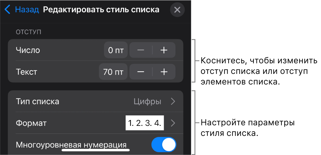 В меню редактирования стиля списка показаны элементы управления для изменения типа и внешнего вида списка.