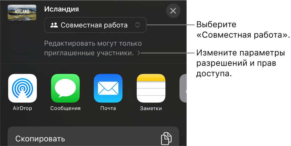 В верхней части экрана отображается меню «Поделиться». Выбран параметр «Совместная работа», под ним находятся настройки прав доступа.