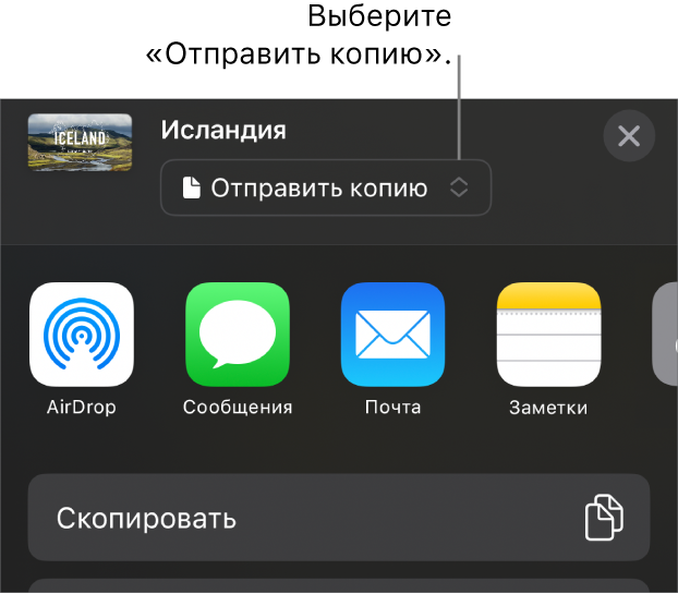 В верхней части меню «Поделиться» выбран параметр «Отправить копию».