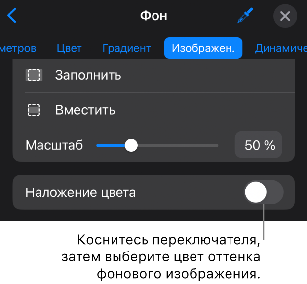 Показаны элементы управления фоном; в качестве фона слайда выбрано изображение, в нижней части расположен элемент управления «Наложение цвета».