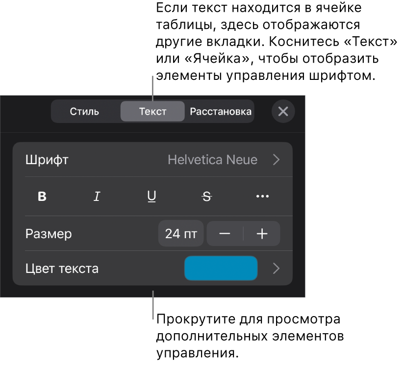 Элементы управления текстом в меню «Формат» для настройки стилей абзацев и символов, шрифта, размера и цвета.
