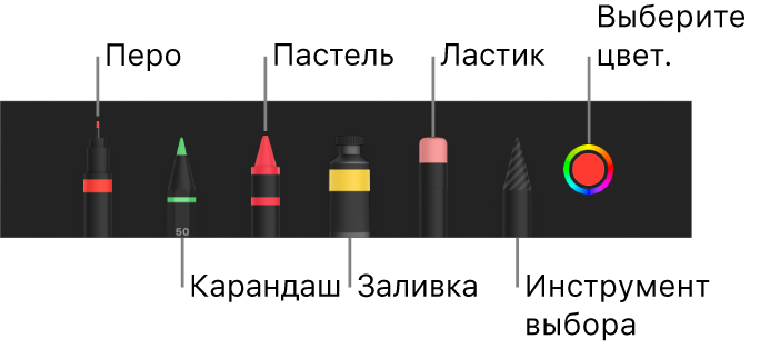 Панель инструментов рисования: перо, карандаш, пастель, заливка, ластик, инструмент выбора и цветовая область с текущим цветом.