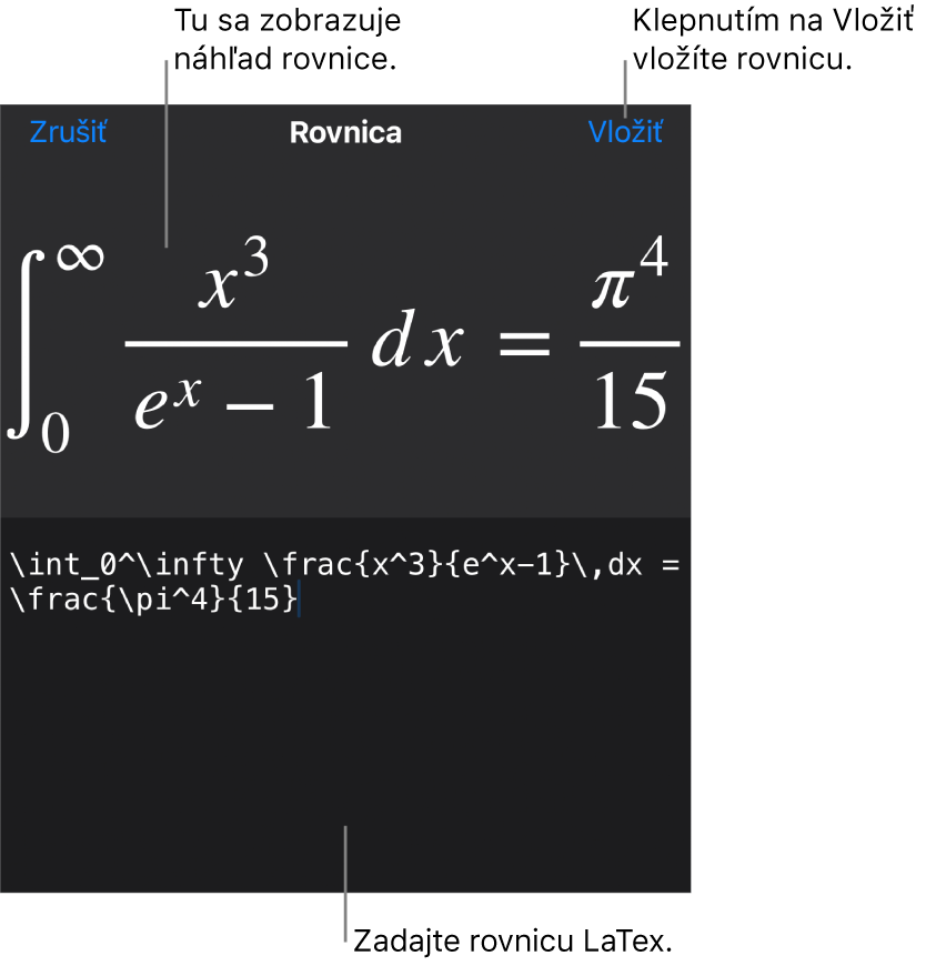 Dialógové okno Rovnica zobrazujúce rovnicu napísanú pomocou príkazov LaTeX, vyššie sa nachádza náhľad vzorca.