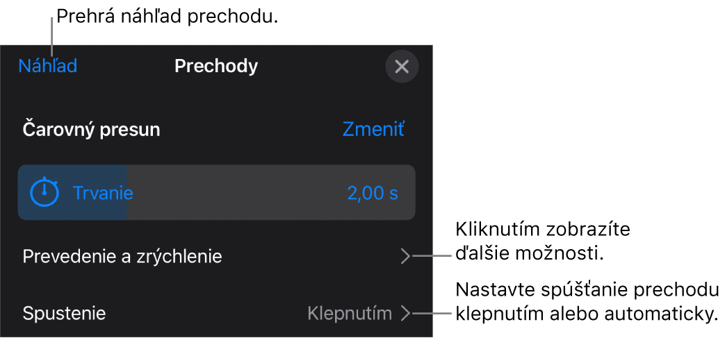Ovládacie prvky na paneli Prechody.