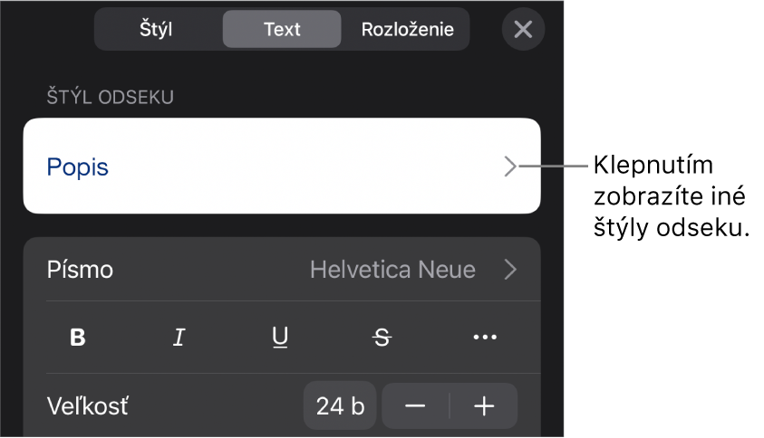 Menu Formát zobrazujúce ovládacie prvky pre nastavenie štýlov odseku a znakov, písma, veľkosti a farby.