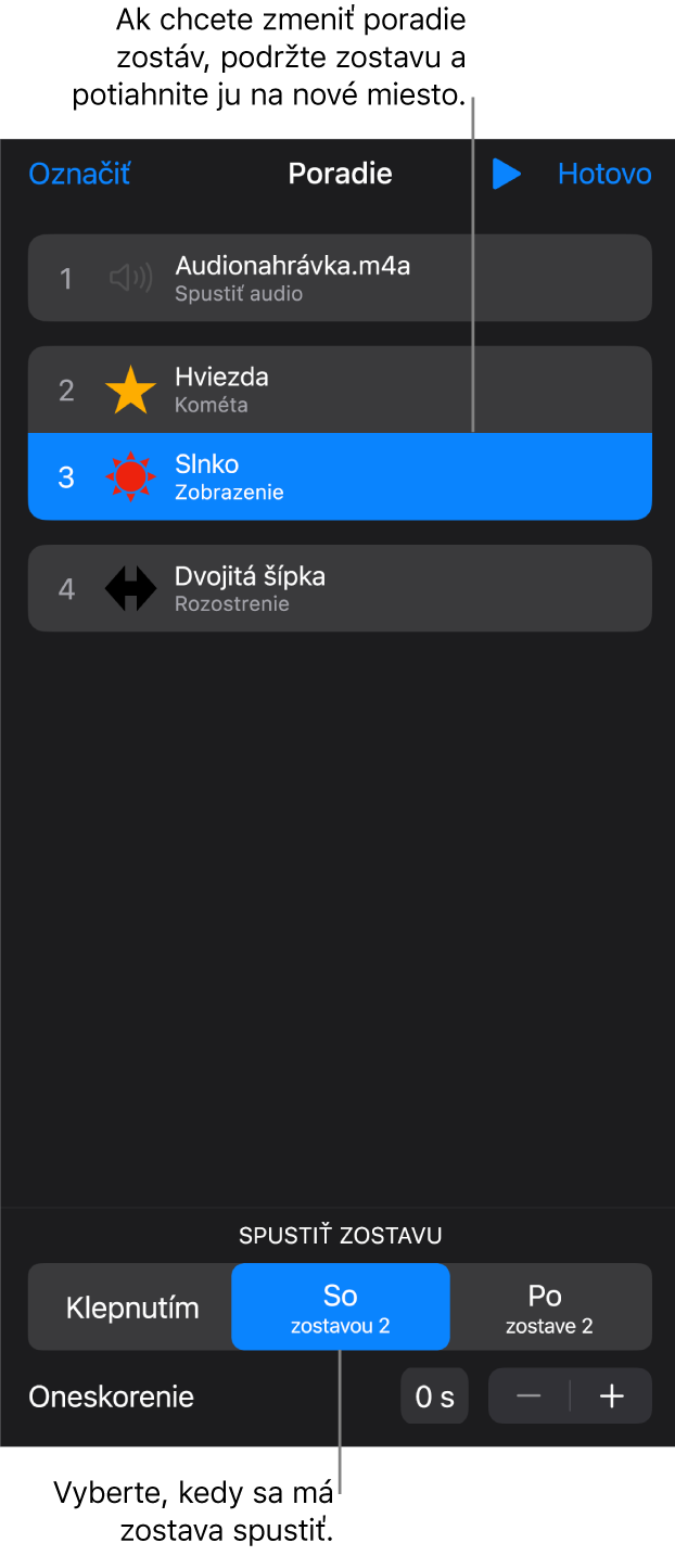 Zoznam Poradie zostavovania so zobrazením začiatočných efektov so žltými odznakmi a koncových efektov so sivými odznakmi.