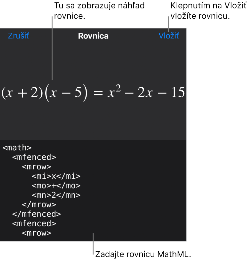 Dialógové okno Rovnica zobrazujúce rovnicu napísanú pomocou príkazov MathML, vyššie sa nachádza náhľad vzorca.