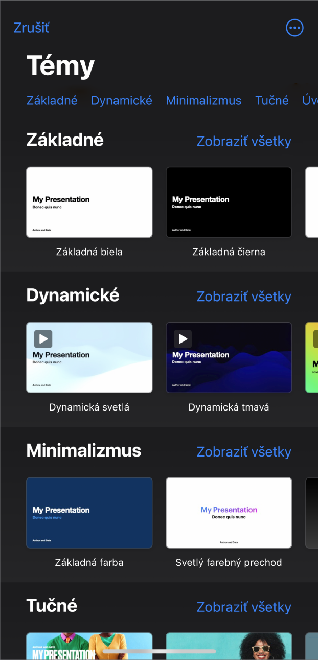 Výber tém zobrazujúci v hornej časti riadok kategórií, na ktoré môžete klepnúť a filtrovať tak možnosti. Nižšie sú miniatúry preddefinovaných tém usporiadané do riadkov podľa kategórií.