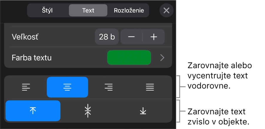 Časť Zarovnanie tlačidla Formát s bublinami popisujúcimi tlačidlá zarovnania textu.