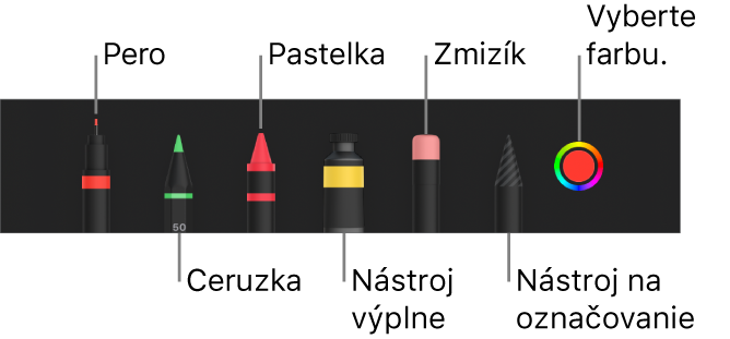 Panel s nástrojmi kreslenia s perom, ceruzkou, pastelkou, výplňou, zmizíkom, nástrojom výberu a vzorkovníkom farieb zobrazujúcim aktuálnu farbu.