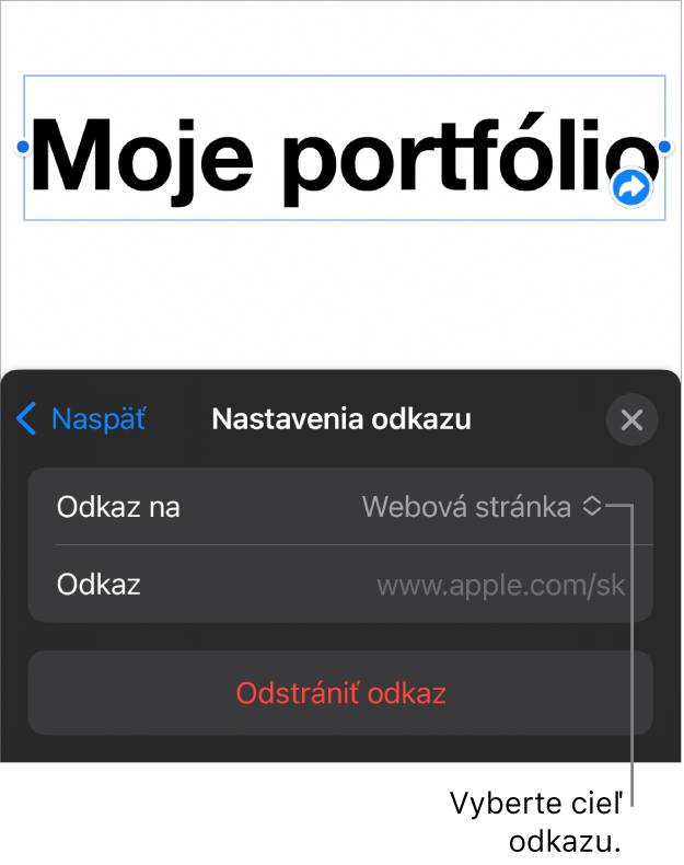 Ovládacie prvky nastavení odkazov s vybranou položkou Webová stránka a tlačidlom Odstrániť odkaz v dolnej časti.