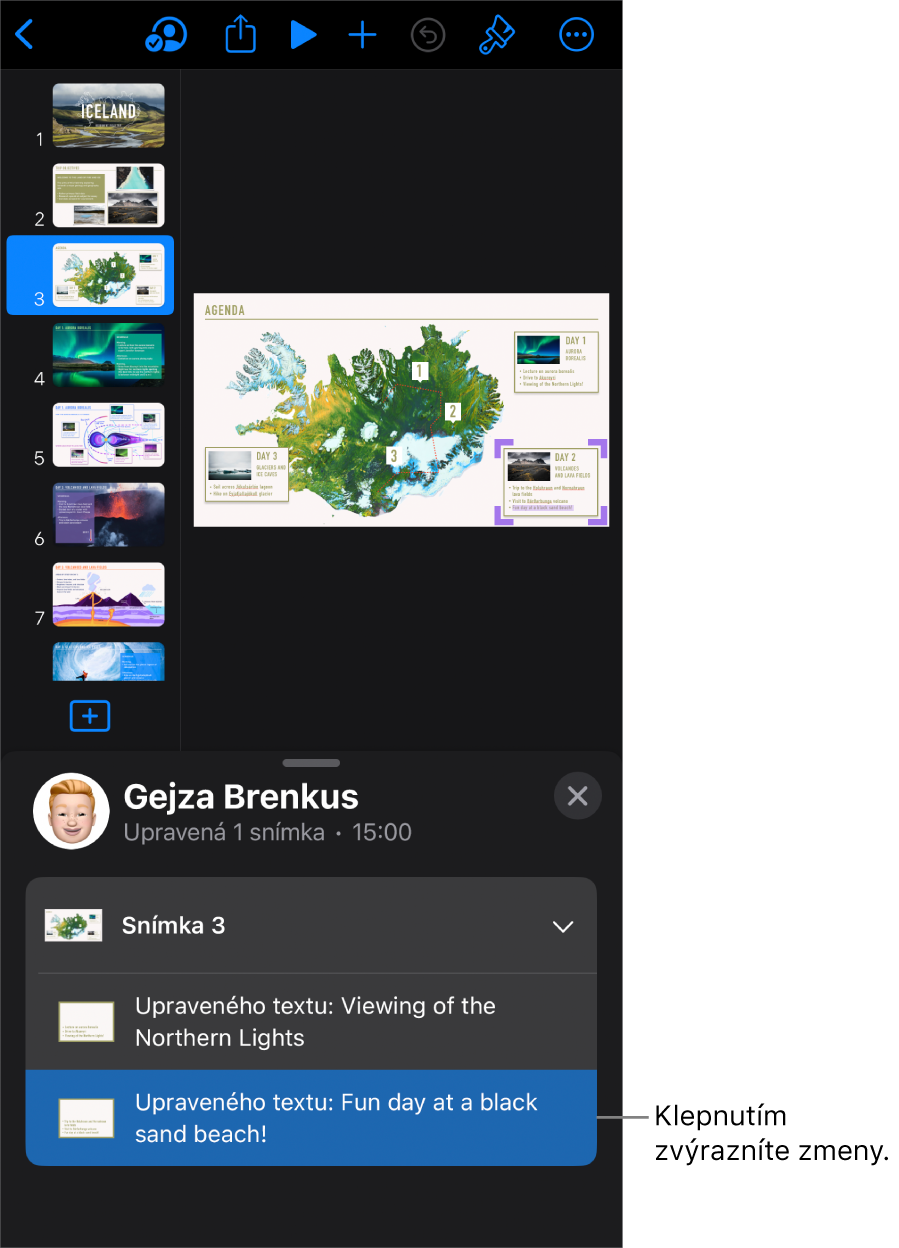 Spoločná prezentácia s otvoreným menu spolupráce a zoznamom aktivít.