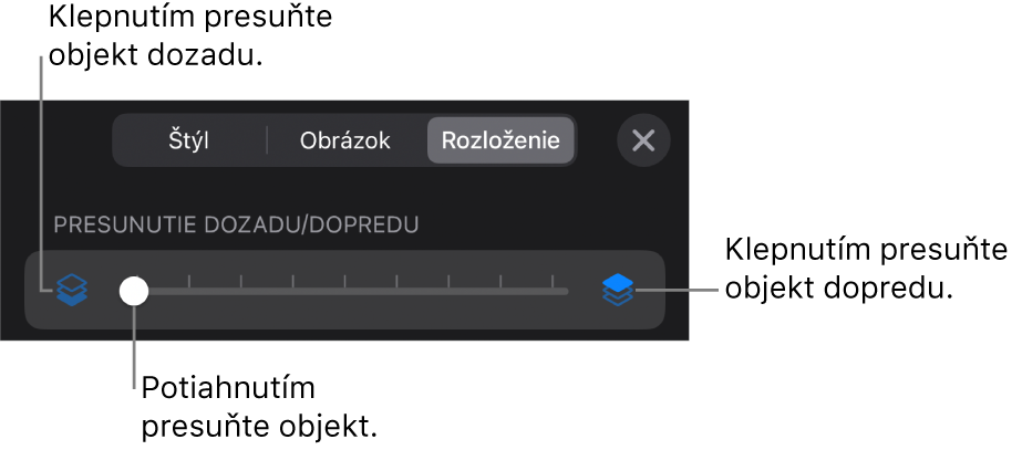 Tlačidlo Presunúť dozadu, tlačidlo Presunúť dopredu a posuvník vrstiev.
