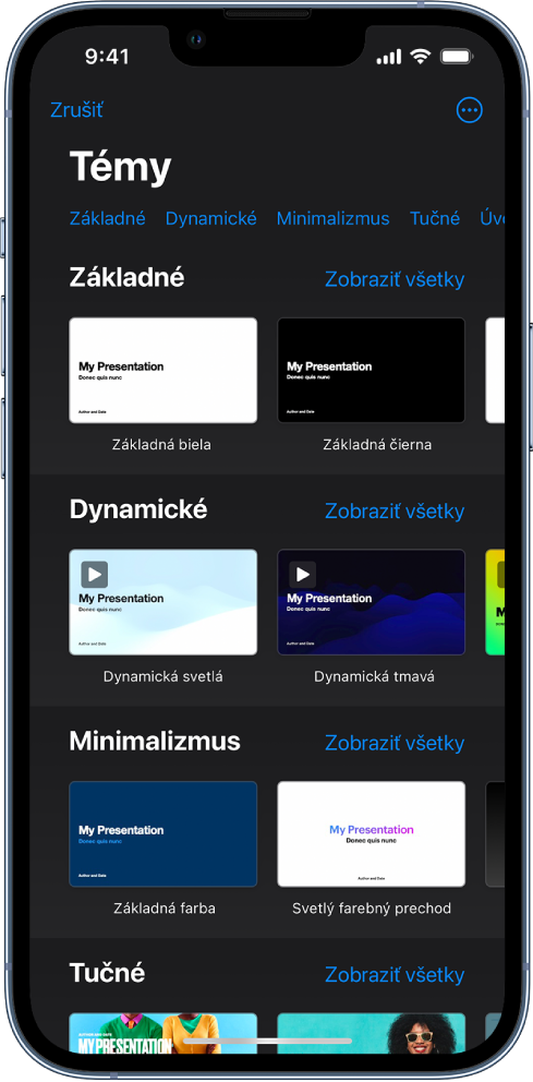  Výber tém zobrazujúci v hornej časti riadok kategórií, na ktoré môžete klepnúť a filtrovať tak možnosti. Nižšie sú miniatúry preddefinovaných tém usporiadané do riadkov podľa kategórií.