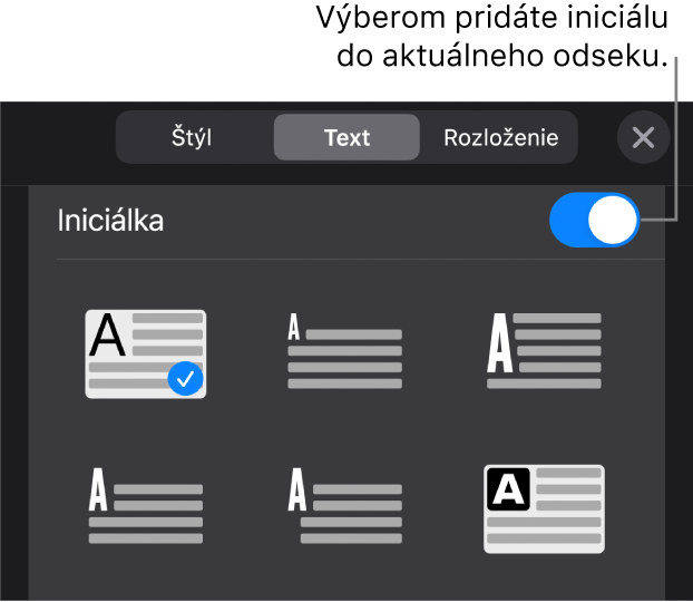 Ovládacie prvky Iniciálka v spodnej časti menu Text.