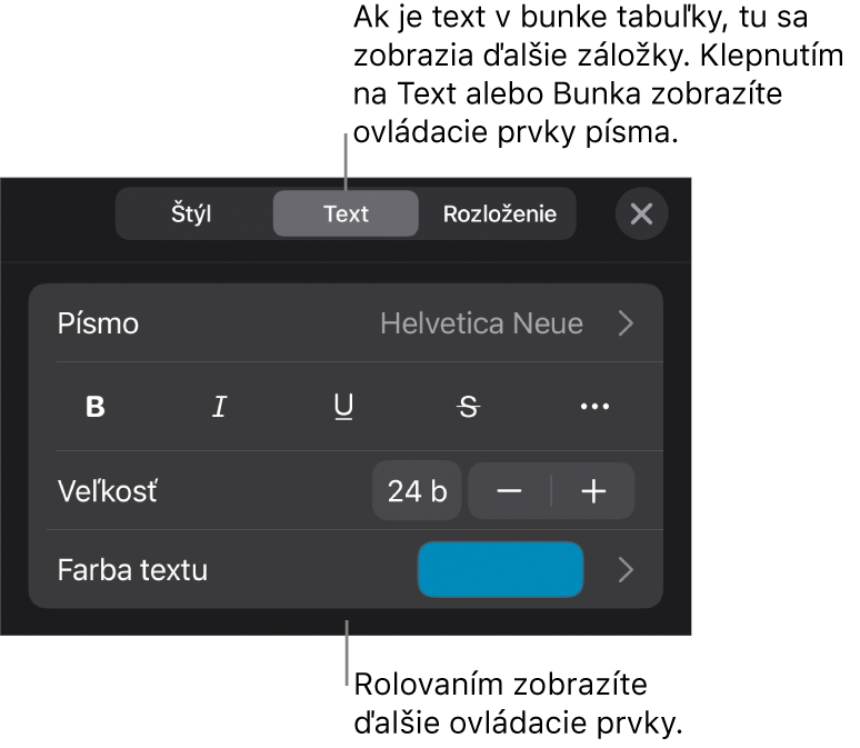 Ovládacie prvky textu v menu Formát pre nastavenie štýlov, písma, veľkosti a farby odsekov a znakov.