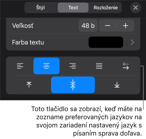 Ovládacie prvky v menu Formát s bublinou pre tlačidlo Sprava doľava.
