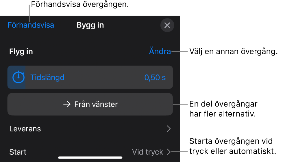 Reglage i panelen Alternativ för att ändra en övergång.