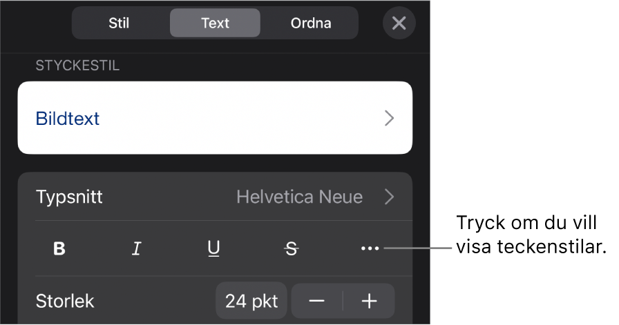 Formatreglagen med styckestilar högst upp och sedan typsnittsreglage. Nedanför Typsnitt finns knappar för fetstil, kursiv skrift, understrykning, genomstrykning och fler textalternativ.