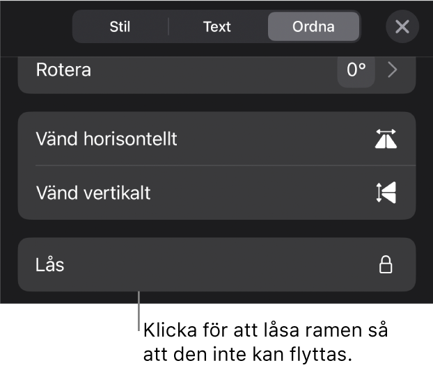 Ordna-reglagen i menyn Format med knappen Lås markerad.