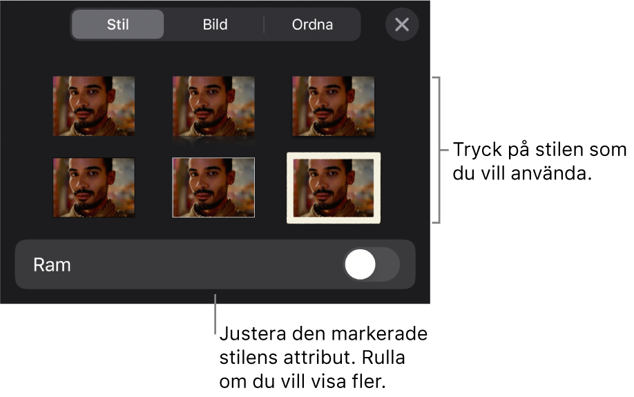 Fliken Stil på menyn Format med objektstilar överst och ett reglage under för att ändra ramen.