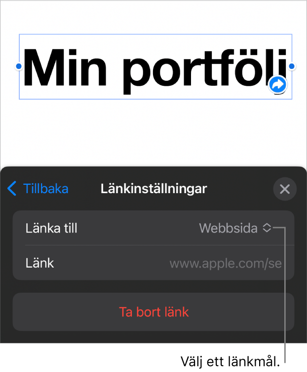 Reglage för länkinställningar med Webbsida markerat och knappen Ta bort länk längst ned.