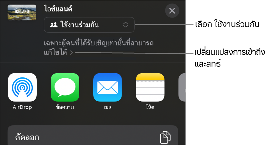 เมนูแชร์ที่มีใช้งานร่วมกันถูกเลือกอยู่ที่ด้านบนสุด และการตั้งค่าการเข้าถึงและสิทธิ์อยู่ที่ด้านล่าง