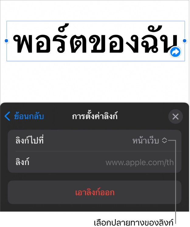 ตัวควบคุมการตั้งค่าลิงก์ที่มีหน้าเว็บถูกเลือกอยู่ และปุ่มเอาลิงก์ออกที่ด้านล่างสุด