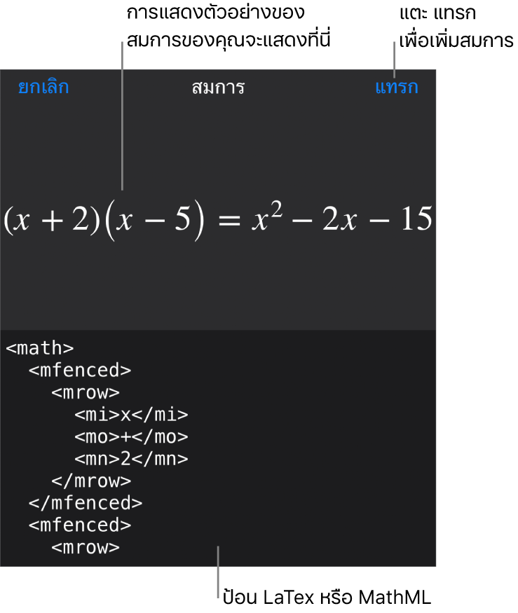 หน้าต่างโต้ตอบสมการ ที่แสดงสมการที่เขียนโดยใช้คำสั่ง MathML และการแสดงตัวอย่างของสูตรด้านบน