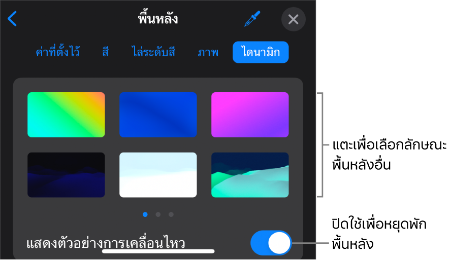 ตัวควบคุมพื้นหลังแบบไดนามิก ซึ่งมีรูปย่อลักษณะพื้นหลังและปุ่มแสดงตัวอย่างการเคลื่อนไหวแสดงอยู่