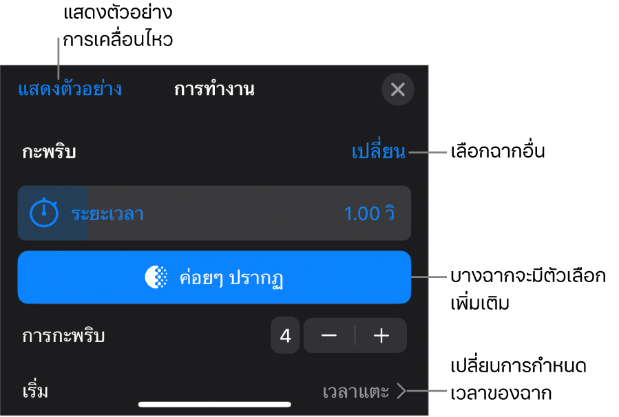 ตัวเลือกฉากรวมถึงระยะเวลาและกำหนดเวลาเริ่มต้น แตะ เปลี่ยน เพื่อเลือกฉากอื่น หรือแตะ แสดงตัวอย่าง เพื่อแสดงตัวอย่างฉาก