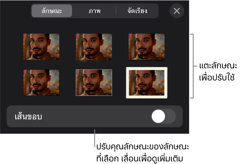 แถบลักษณะของเมนูรูปแบบที่มีลักษณะวัตถุอยู่ด้านบนสุดและตัวควบคุมสำหรับเปลี่ยนเส้นขอบอยู่ด้านล่าง