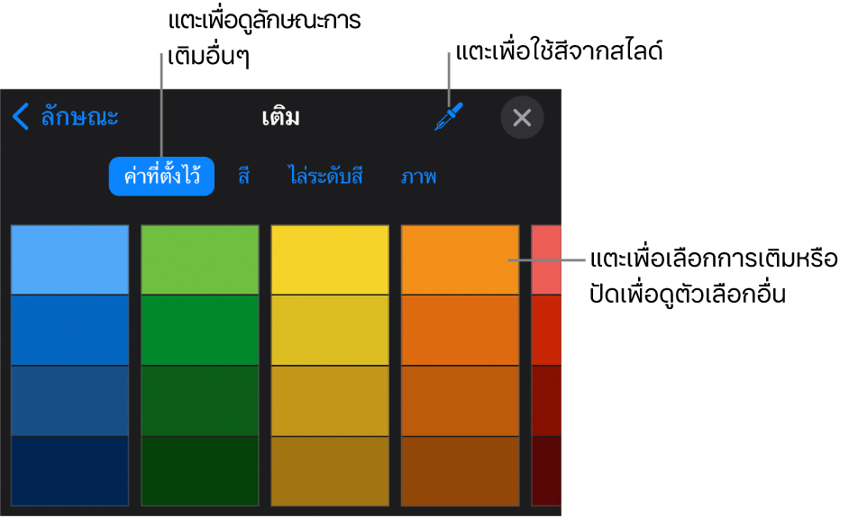 ตัวเลือกการเติมในแถบลักษณะ